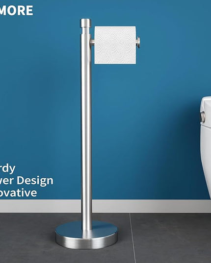 YUMORE Toilet Paper Holder Stand Freestanding, Weighted and Sturdy Brushed Nickel Stainless Steel Design with Non-Slip Cap, Rustproof Tissue Roll Holder for Modern Bathroom, RV