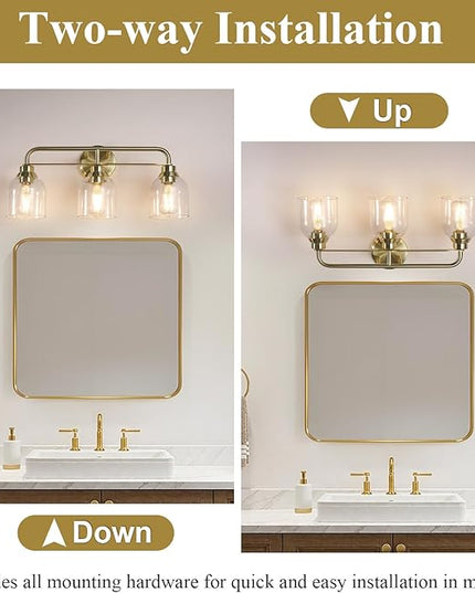 3 Light Gold Vanity Lights for Bathroom, Bathroom Light Fixtures Over Mirror with Clear Glass Shade, Ceramic E26 Sockets Wall Mounted