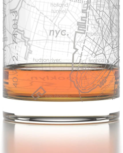 Well Told Engraved New York City Map Rocks Glass, Old Fashioned Whiskey Glass (11 oz, Clear) Etched Whiskey Glass, Gifts For Whiskey Lovers