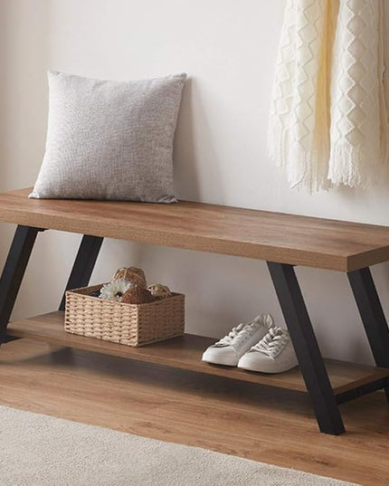 LVB Industrial Entryway Bench, Wood and Metal Storage Bench for Living Dining Room, Farmhouse Indoor Entry Way Shoe Benches Seat, Rustic Oak, 47 Inch Long