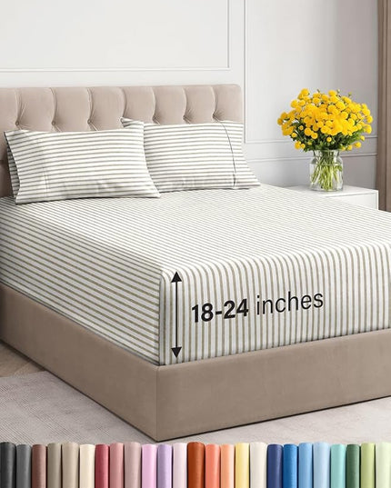 Extra Deep Twin XL Sheet Set - 4 Piece Breathable & Cooling Sheets - Hotel Luxury Bed Sheets Set - Easy Fit - Soft, Wrinkle Free & Comfy Sheets Set - Beige Striped Sheet Set with Extra Deep Pockets