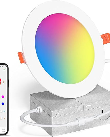 Smart Recessed Lighting 6 Inch RGBCW Color Changing 16W LED Downlight with Junction Box,1350 Lumen Recessed Ceiling Light Compatible with Alexa,Dimmable by Bluetooth Control -1Pack