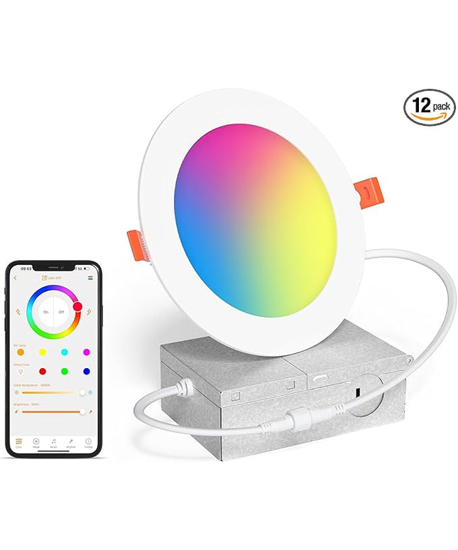 Smart Recessed Lighting 6 Inch RGBCW Color Changing 16W LED Downlight with Junction Box,1350 Lumen Recessed Ceiling Light Compatible with Alexa,Dimmable by Bluetooth Control -1Pack
