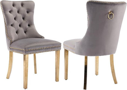SoarFlash Velvet Dining Chair Set of 2, Upholstered Tufted Dining Room Chair with Nailhead Trim and Solid Gold Plated Leg for Kitchen(Grey)