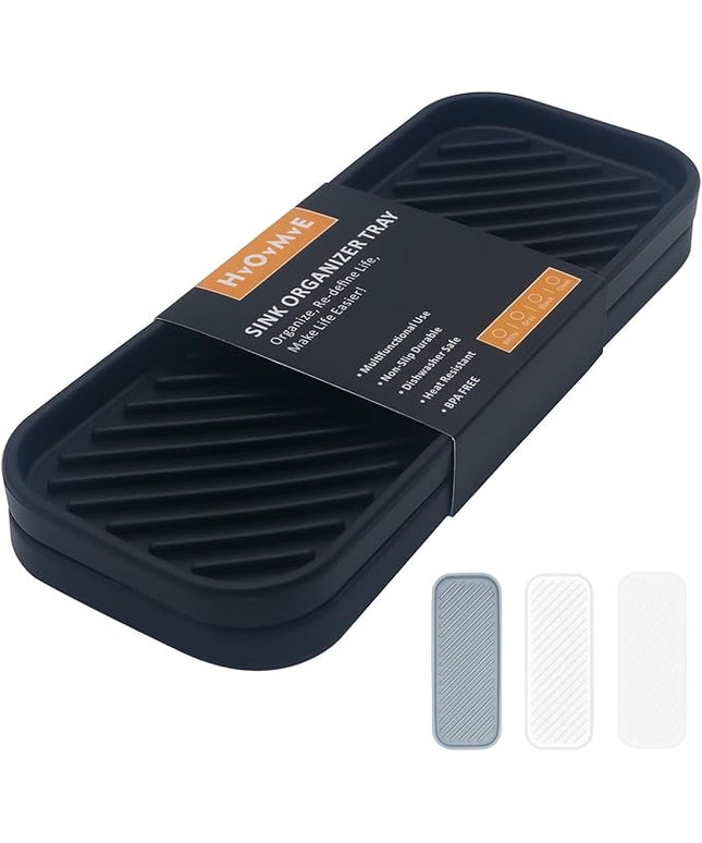Silicone Organizer Tray, Soap and Sponge Holder for Kitchen Sink, Bathroom - Storage Tray for Dish Brush, Soap Dispenser, Dishwashing Accessories- 2 Pack (Black)