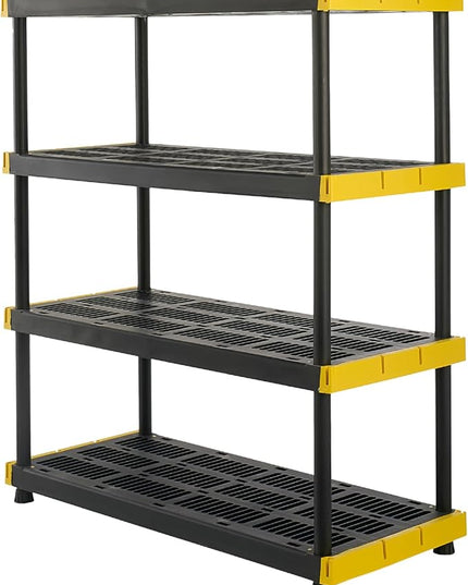 CX Black & Yellow, 4-Tier Heavy Duty Plastic Storage Shelving Unit, 200lbs/shelf (55"H x 48"W x 20"D), for Garage Tools, Basement & Outdoor Organization, Modular Rack
