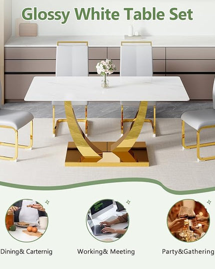 63” Dining Room Table Set for 6,Modern Gold Dining Table Set for 6 with Leather Chairs, White Faux Marble Dinner Table Set with Tempered Glass Top and Golden Base