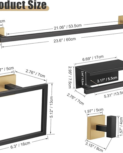 YACVCL 5-Pieces Black and Gold Bathroom Hardware Accessories Set Stainless Steel Bathroom Towel Bar Set Towel Holder Set for Bathroom,Upgraded Toilet Paper Holder with Shelf,Wall Mounted 23.6"