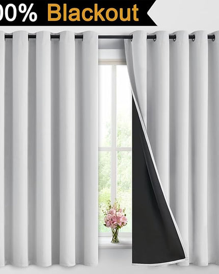 Yakamok 100% Blackout Curtains 63 Inches Long, 2 Thick Layers Heat and Full Light Blocking Soft Thermal Insulated Drapes for Bedroom(62" Wide Each Panel, Greyish White, 2 Panels)