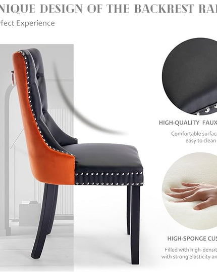 SoarFlash Leather Dining Chairs Set of 8, Tall Back Side Chair, Modern Upholstered Side Chair with Button Back Ring, Solid Wood Legs (Black&Orange)