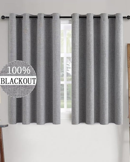 MIULEE Linen Texture Curtains for Bedroom Solid 100% Blackout Thermal Insulated Grey Curtains Grommet Room Darkening Drapes Luxury Decor for Living Room Nursery 52x45 Inch (2 Panels)