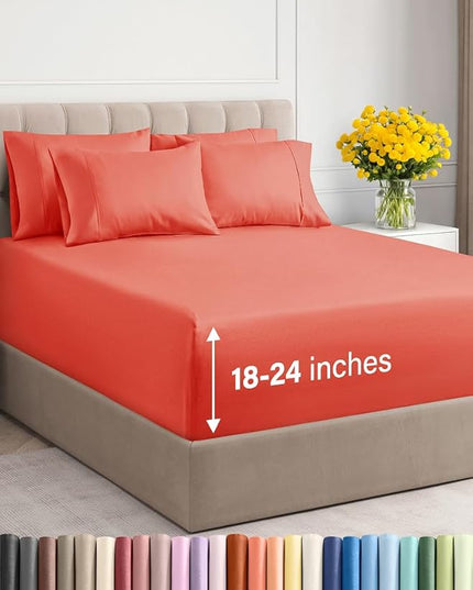 Extra Deep Queen Sheet Set - 6 Piece Breathable and Cooling Sheets - Hotel Luxury Bed Sheets Set - Easy & Secure Fit - Soft, Wrinkle Free and Comfy Sheets Set - Coral Sheet Set with Extra Deep Pockets