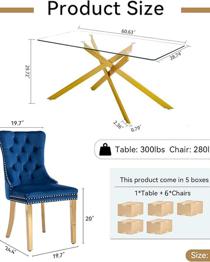 60" Glass Dining Table Set for 6, Modern Dining Room Table Set for 6, Gold X-Shape Pedestal Glass Table with 6pcs Blue Dining Chairs, 7 Piece Dining Set for Dining Living Room