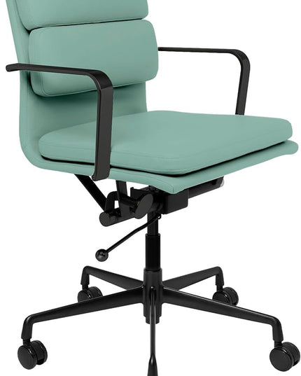 Laura Davidson Furniture SOHO II Padded Management Office Chair - Mid Back Desk Chair with Arm Rest, Swivel & Cushion Availability, Made of Faux Leather, Sage Green with Black Frame, Computer Chair