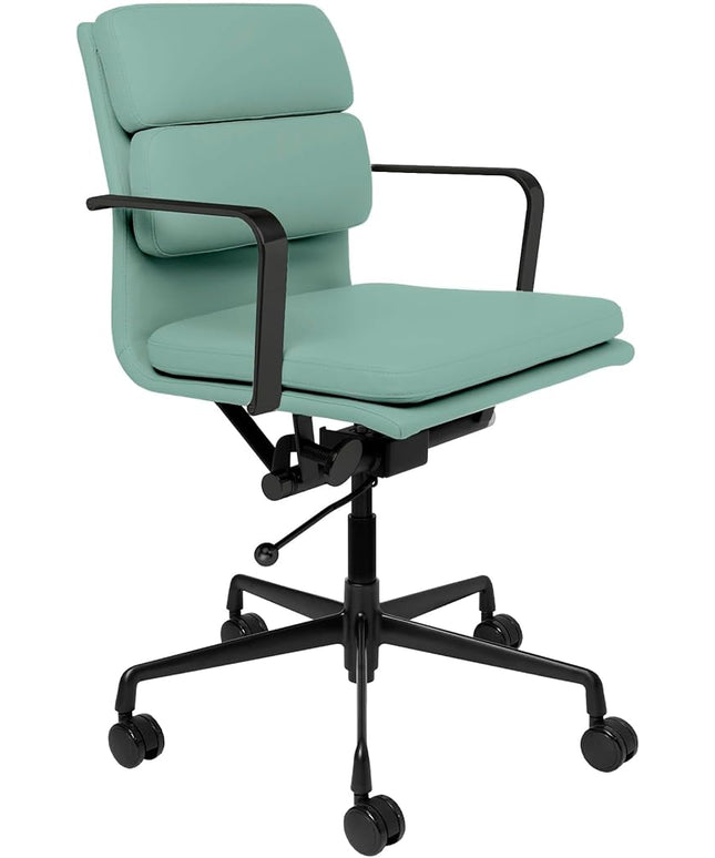 Laura Davidson Furniture SOHO II Padded Management Office Chair - Mid Back Desk Chair with Arm Rest, Swivel & Cushion Availability, Made of Faux Leather, Sage Green with Black Frame, Computer Chair