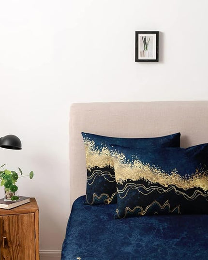 Dark Blue Marble Duvet Cover Set King Size Golden foil Bedding Comforter Covers Marbling Bed Set with 2 Pillow Shams Breathable Durable Soft Comfy