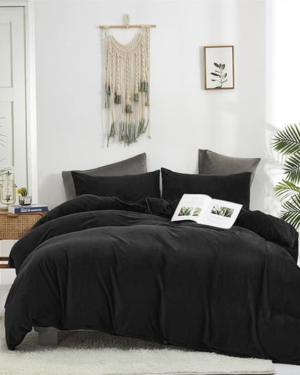 Houseri Velvet Black Comforter Set - Fluffy Comforters, Soft Warm Bedding Sets for Queen Size