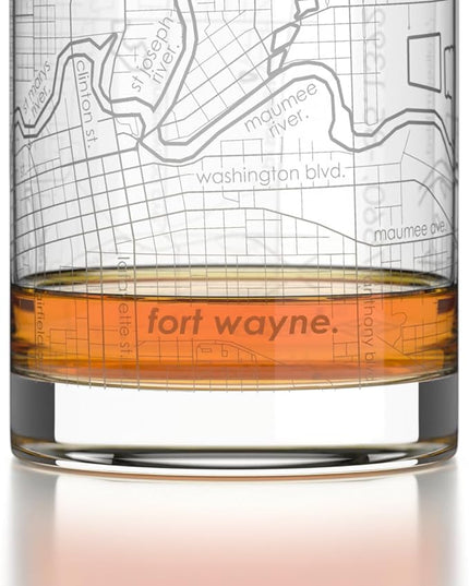 Well Told Engraved Fort Wayne Indiana Map Rocks Glass, Old Fashioned Glassware (11 oz, Clear) Etched Bourbon Tumbler, Gifts For Whiskey Lovers