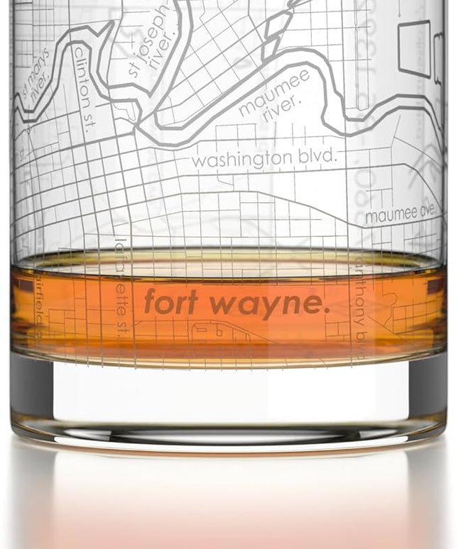 Well Told Engraved Fort Wayne Indiana Map Rocks Glass, Old Fashioned Glassware (11 oz, Clear) Etched Bourbon Tumbler, Gifts For Whiskey Lovers