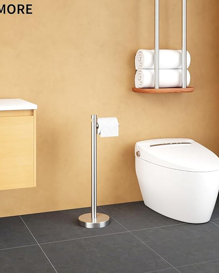 YUMORE Toilet Paper Holder Stand Freestanding, Weighted and Sturdy Brushed Nickel Stainless Steel Design with Non-Slip Cap, Rustproof Tissue Roll Holder for Modern Bathroom, RV