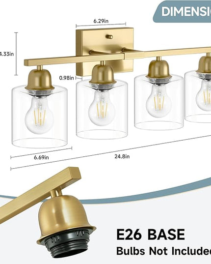 Modern Brushed Gold 4 Light Bathroom Light Fixtures, 24 inch Vanity Lights for Bathroom with Clear Glass, Bathroom Vanity Light for Mirror Kitchen Living Room Hallway Cabinet Porch
