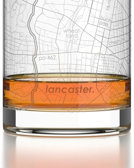 Well Told Engraved Lancaster Pennsylvania Map Rocks Glass, Old Fashioned Glassware (11 oz, Clear) Etched Bourbon Tumbler, Gifts For Whiskey Lovers