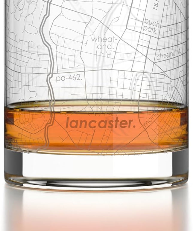 Well Told Engraved Lancaster Pennsylvania Map Rocks Glass, Old Fashioned Glassware (11 oz, Clear) Etched Bourbon Tumbler, Gifts For Whiskey Lovers