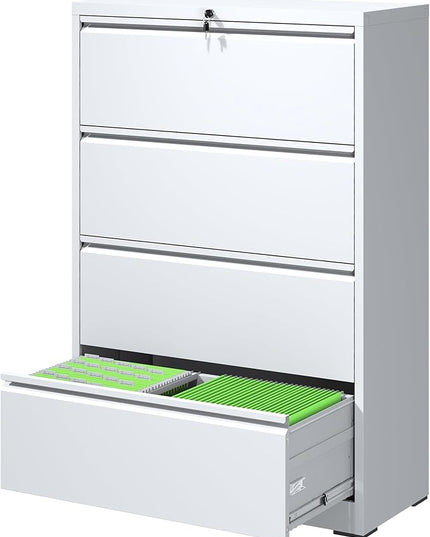 File Cabinets 4 Drawer,Metal Office Storage Filing Cabinet with Lock,White Lateral Filing Cabinet for Home Office,Horizontal Locking File Cabinet for Legal/Letter/A4,Assembly Require,White