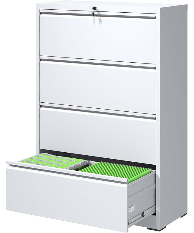 File Cabinets 4 Drawer,Metal Office Storage Filing Cabinet with Lock,White Lateral Filing Cabinet for Home Office,Horizontal Locking File Cabinet for Legal/Letter/A4,Assembly Require,White