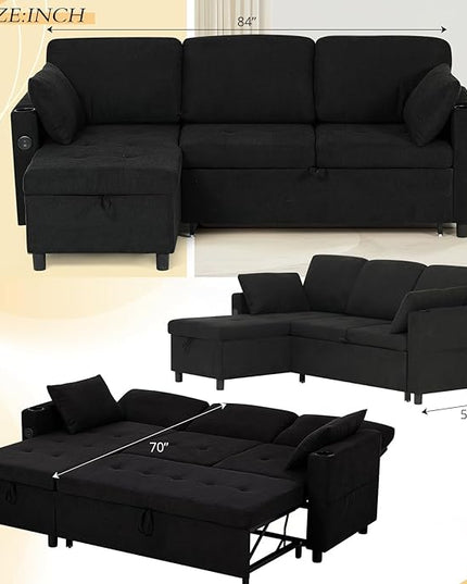 84" Sectional Pull Out Sofa Bed with Adjustable Backrests, L-Shaped Sleeper Sofa with USB Ports, Upholstered Reversible Couch with Cup Holder & Storage Space for Living Room, House, Black