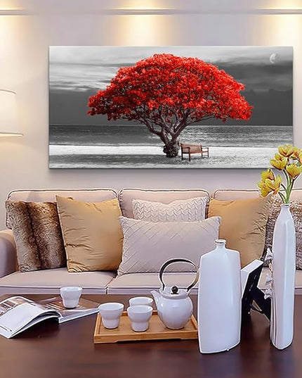 WapluamWall Decor Living Room Large Size Canvas Wall Art For Office Black White With Landscape Moon Wall Painting Red Trees Canvas Pictures Framed Artwork Bedroom Decor Home Decorations 30" X 60"