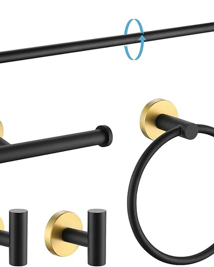 TURS Black and Gold Bathroom Hardware Set 5 Piece, SUS304 Stainless Steel Gold Black Towel Bar Set, 24 Inch Bathroom Accessories Kit Wall Mounted