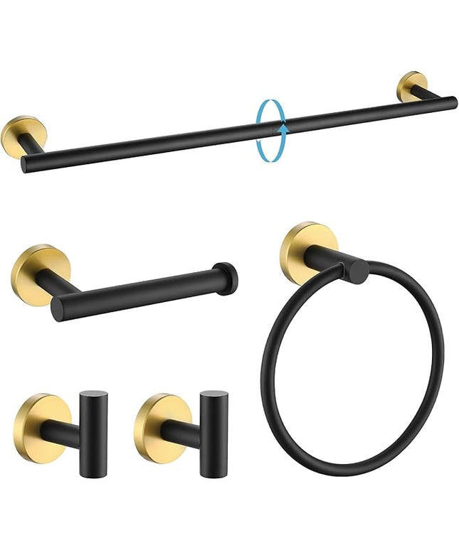 TURS Black and Gold Bathroom Hardware Set 5 Piece, SUS304 Stainless Steel Gold Black Towel Bar Set, 24 Inch Bathroom Accessories Kit Wall Mounted