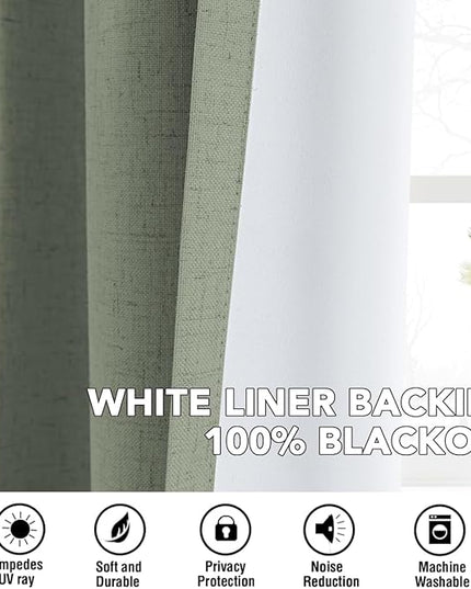 H.VERSAILTEX Linen Curtains 100% Blackout Curtains for Bedroom 63 inch Long Full Light Blocking Nature Linen Blended Window Curtains for Living Room Nickel Grommet (2 Panels, Heathered Dried Sage)