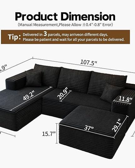 107.5" Cloud Modular Sectional Sofa with 1 Ottoman,Modern Minimalist Upholstered Couches, Comfort U Shaped Sofa for Living Room,Deep Seat Corner Couch，No Assembly Required (Black,Left Facing Chaise)