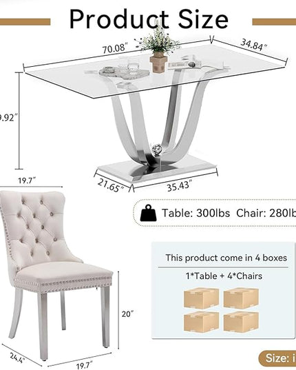 5-Piece Glass Dining Table Set w/4 Beige Upholstered Dining Chairs, 70in Rectangular Large Kitchen Table Set for 4, Glass and Silver Dining Table and Chair Set for 4