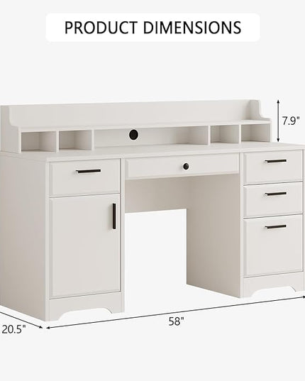 Executive Desk with Hutch, 58 Inch White Computer Desk with 5 Drawers, Home Office Desk with Storage, Rustic Desk with Adjustable Shelves and Storage Cabinet for Bedroom