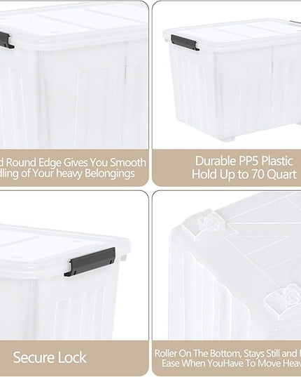 Zopnny 4-Pack Transparent Storage Box, 70 Quart Storage Container with Lids and Secure Latching Buckles, Plastic Wheeled Storage Bin Stackable and Nestable, Ideal for Home and Industrial Storage