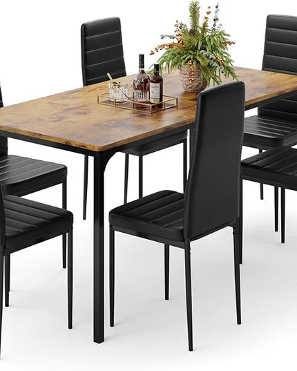 Gizoon Dining Table Set for 6, Kitchen Table Chairs Set of 6, 7 Piece Kitchen Table Set with 6 Upholstered PU Leather Chairs for Dining Room, Living Room, Apartment, Small Space, Retro