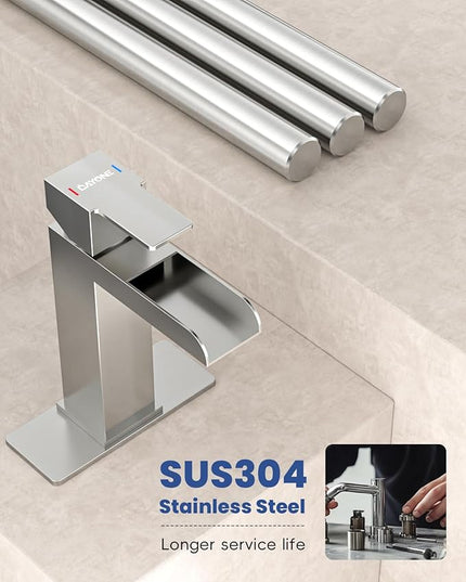 DAYONE Bathroom Sink Faucet Single Handle,One Hole Bathroom Faucet with Pop Up Drain Stopper, Optional Deckplate 1 Hole Stainless Steel Basin Mixer Tap Brushed Nickel