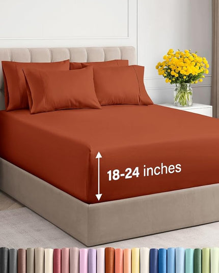 Extra Deep Cal King Sheet Set - 6 Piece Breathable and Cooling Sheets - Hotel Luxury Bed Sheets Set - Easy Fit - Soft, Wrinkle Free and Comfy Sheets Set - Terracotta Sheet Set with Extra Deep Pockets