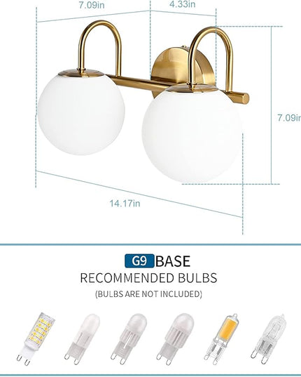 Modern Bathroom Vanity Light Fixtures 2 Lights Brushed Brass Milk White Globe Glass Shade Modern Wall Bar Sconce Lighting Bath Vanity Lights Over Mirror (Exclude G9 Bulb)