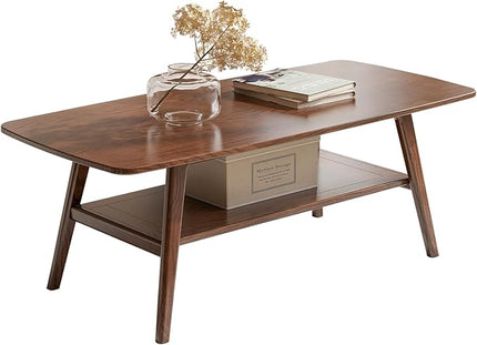 100% Solid Oak Wood Coffee Table with Storage Shelf, 2-Tier Rectangle Coffee Table for Living Room, Modern Center Table for Living Room (Walnut Colour, 47.24" W x22.05 D x 17.32" H)