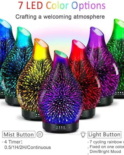 Essential Oil Diffuser 120ML -3D Firework Glass Aromatherapy Diffusers for Essential Oils with 4 Timer Setting Waterless Auto Shut-Off Silent Operation 7 Colors Lights Changing for Room, Office, Yoga
