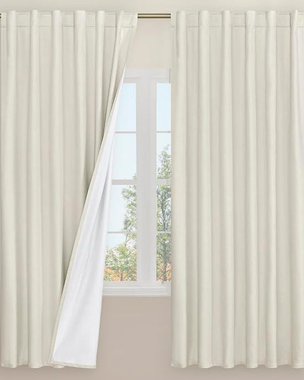 LAMIT Ivory 100% Blackout Linen Curtains, 72 Inch Linen Textured Living Room Farmhouse Curtains Room Darkening Back Tab and Rod Pocket Burlap Neutral Panels with White Liner, 2 Panels, 52 x 72 Inch