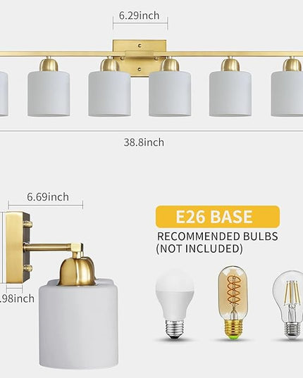 6 Light Gold Bathroom Vanity Light for Large Mirror, Gold Vanity Lights for Bathroom with Milky White Frosted Glass Shades, 38 inch Wall Lamp for Mirrors Living Room E26 Base
