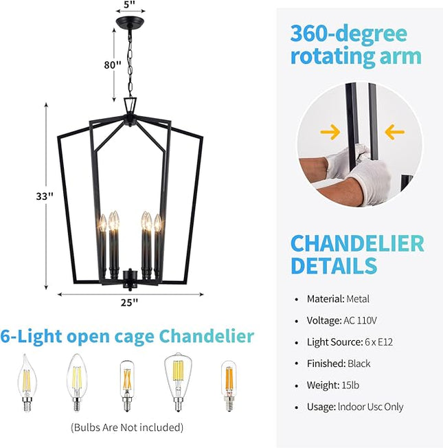 Vezzio Black Chandelier, 6-Light Modern Farmhouse Chandeliers Geometric Industrial Pendant Light Fixture Lantern for Dining Room Foyer Kitchen Island High Ceiling Hallway Entryway, D25 Inch