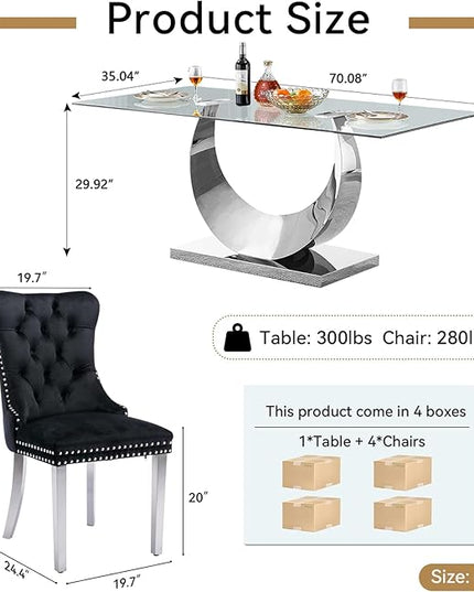 5 Piece Dining Table Set, Modern Glass Dining Table Set for 4, 70" Luxury Glass Table w/Silver Stainless Steel Base & 4 Black Tufted Chairs, Kitchen Dining Room Sets for 4 for Breakfast Dinner Dinette