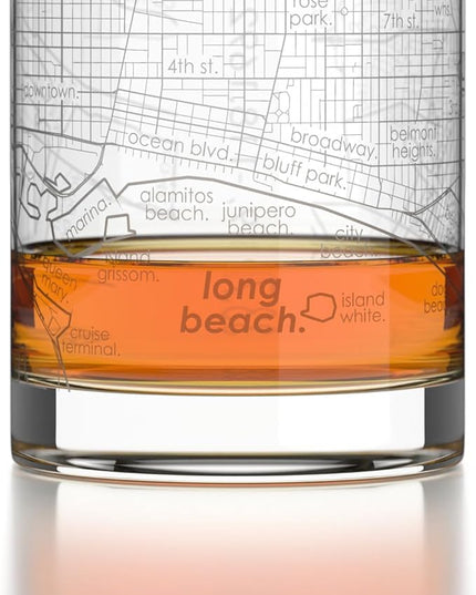 Well Told Engraved Long Beach California Map Rocks Glass, Old Fashioned Glassware (11 oz, Clear) Etched Bourbon Tumbler, Gifts For Whiskey Lovers