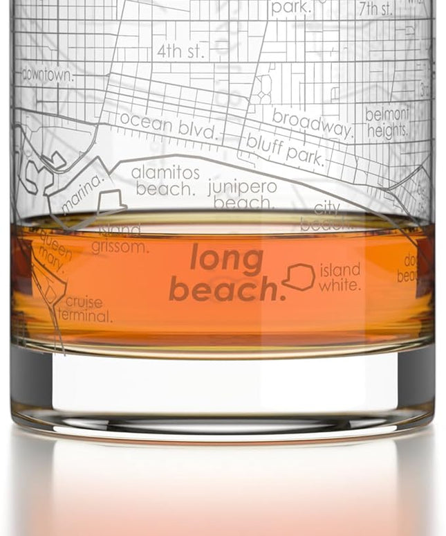 Well Told Engraved Long Beach California Map Rocks Glass, Old Fashioned Glassware (11 oz, Clear) Etched Bourbon Tumbler, Gifts For Whiskey Lovers
